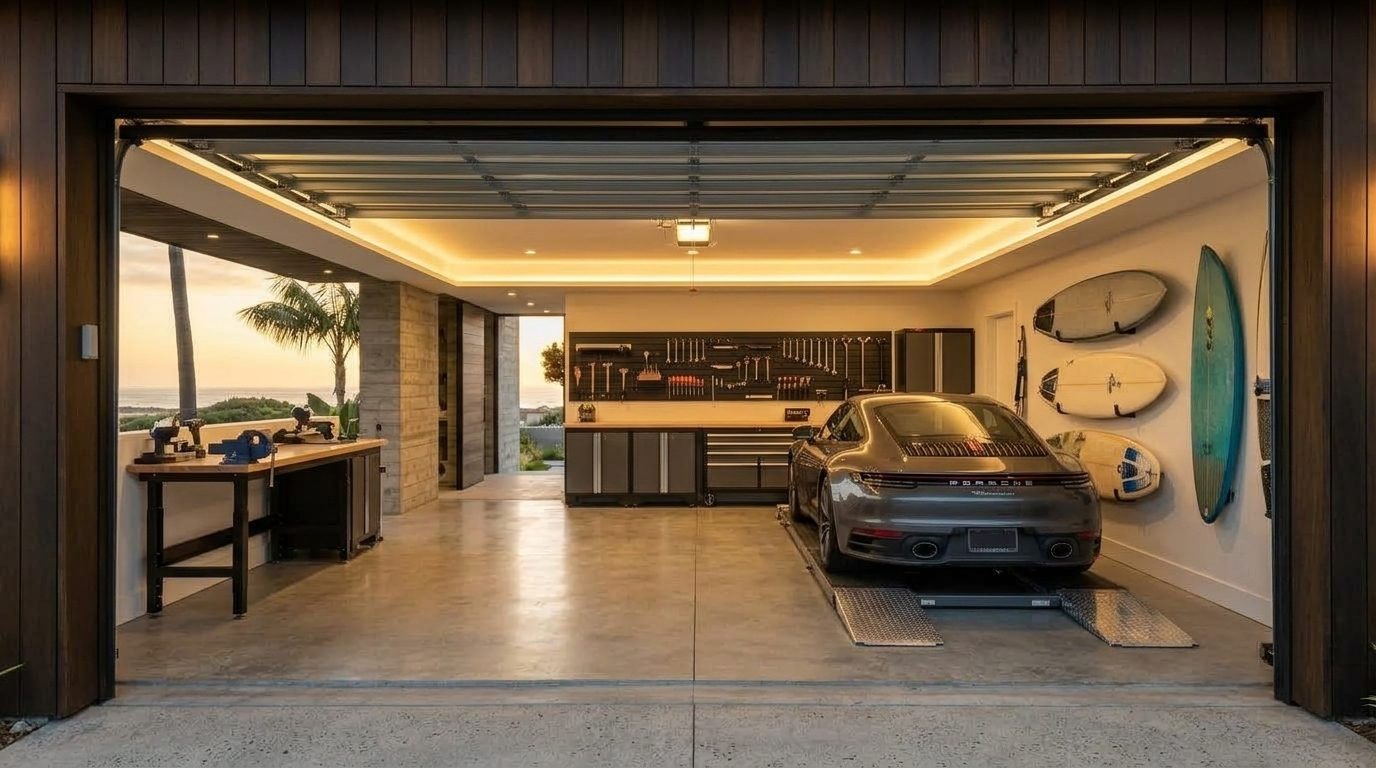 Little Garage Door Services Interior View of Custom Garage Door Overhead and Workshop